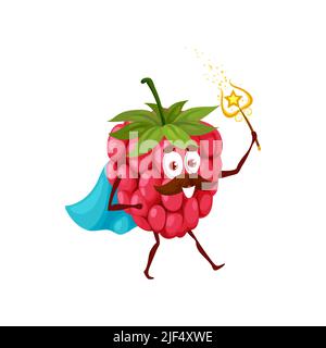 Divertente mago di lampone in personaggio cartone animato cappello. Divertente bacca con moustaches indossare mantello. Fiaba mascotte lampone mascotte, bacca cartoon vettore personage casting incantesimo con bacchetta magica Illustrazione Vettoriale