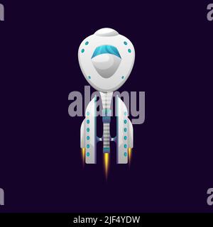 Veicolo futuristico con astronauti nave galassia cartoon isolata. Vector Cosmic astronave esploratore di astronave bianco e blu colori, razzo di volo booster, giocattolo per bambini, navetta Illustrazione Vettoriale