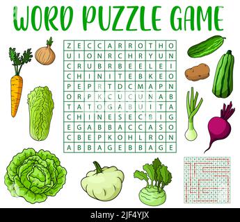 Verdure crude della fattoria sul foglio di lavoro del gioco di puzzle di ricerca di parola. Griglia quiz bambino, gioco logico o kids kids kids puzzle vettoriale con verdure fresche. Test di intelligenza dei bambini con parole in lettere trovare compito Illustrazione Vettoriale