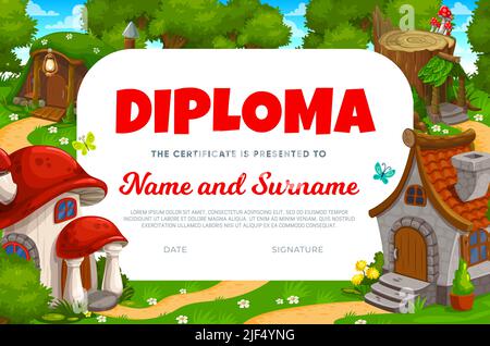 Diploma di bambini con cartoni animati in pietra, funghi e moncone fata casa o abitazione. Certificato di laurea con case fantasy, capanna fata. Modello vettoriale per il premio o l'invito alla celebrazione per il conseguimento dell'istruzione Illustrazione Vettoriale