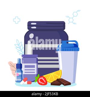 Integratori di vitamine sportive per fitness proteina del siero Caseina BCAA Creatina olio edibile isolato su proteine di fondo bianco per vettore sportivo illustrati Illustrazione Vettoriale