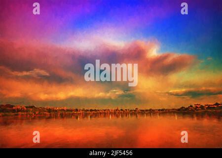 Bellissimo tramonto con nuvole e acqua in primo piano. Illustrazione Foto Stock