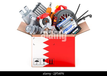 Bandiera Bahraini dipinta sul pacco con parti auto. 3D rendering isolato su sfondo bianco Foto Stock