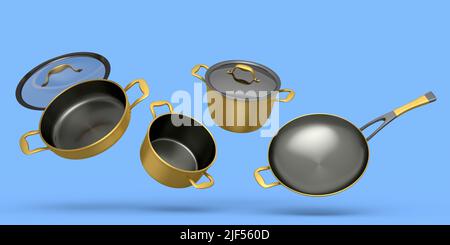 Set di pentole volanti, padella e pentole cromate su sfondo blu Foto Stock
