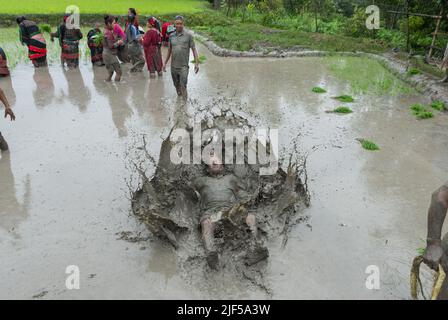 La gente gioca in acqua di fango in un campo di risaie durante la festa nazionale della risaia. Gli agricoltori nepalesi festeggiano il National Paddy Day con vari eventi che segnano l'inizio della stagione annuale di semina del riso. Foto Stock