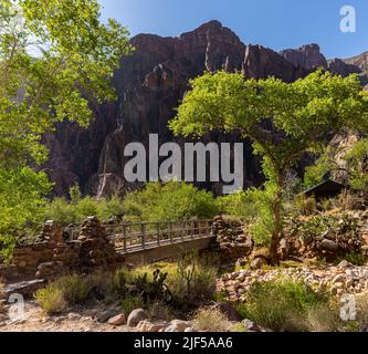 Ponte che attraversa Bright Angel Creek vicino al Phantom Ranch e conduce al South Kaibab Trail, al Grand Canyon National Park, Arizona, USA Foto Stock