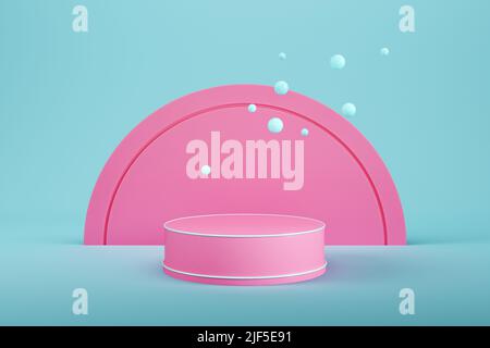 Piedistallo cilindrico rosa con forma geometrica su sfondo azzurro per l'esposizione del prodotto. 3d rendering Foto Stock