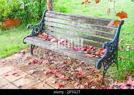 In autunno, in ghisa e legno panca da giardino. Foto Stock