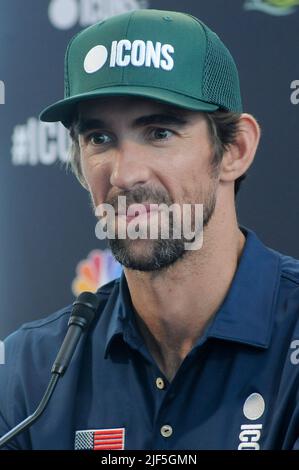 Jersey, Stati Uniti. 29th giugno 2022. Michael Phelps partecipa alla conferenza stampa della serie di icone a Liberty National Golf Club, Jersey City. Credit: SOPA Images Limited/Alamy Live News Foto Stock