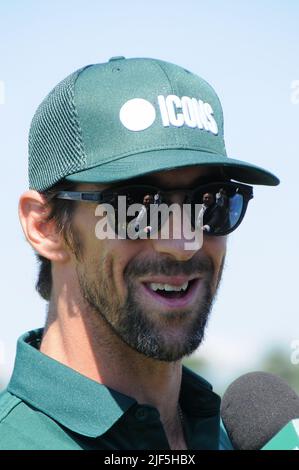 Jersey, Stati Uniti. 29th giugno 2022. Michael Phelps partecipa alla conferenza stampa della serie di icone a Liberty National Golf Club, Jersey City. (Foto di Efren Landaos/SOPA Images/Sipa USA) Credit: Sipa USA/Alamy Live News Foto Stock