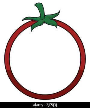 Anello rotondo o modello a cornice come un pomodoro decorato con gambo verde in stile cartone animato. Illustrazione Vettoriale