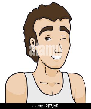 Ritratto di un giovane uomo che indossa una canotta bianca, sorridente e vagliante, in stile cartone animato. Illustrazione Vettoriale