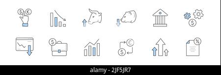 Icone del doodle del mercato azionario, insieme di vettori isolati di segni lineari. Finger scegliere dollaro o euro valuta, declino grafico, testa di bue, edificio bancario, valigetta, crescente freccia grafico, investire obbligazioni, ruote dentate Illustrazione Vettoriale
