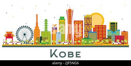 Kobe Japan City Skyline con edifici a colori isolati su White. Illustrazione vettoriale. Concetto di viaggio d'affari e di turismo con architettura moderna. Illustrazione Vettoriale