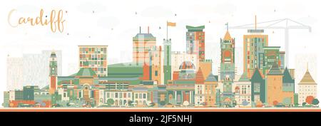 Cardiff Wales City Skyline con edifici a colori. Illustrazione vettoriale. Cardiff Regno Unito paesaggio urbano con punti di riferimento. Illustrazione Vettoriale