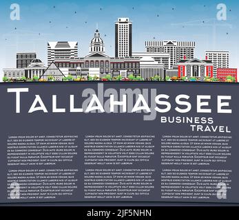 Tallahassee Florida City Skyline con edifici a colori, Blue Sky e Copy Space. Illustrazione vettoriale. Paesaggio urbano di Tallahassee con punti di riferimento. Illustrazione Vettoriale