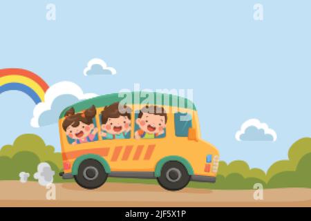 I bambini vanno a scuola in un bus scolastico con un arcobaleno su sfondo cielo. Ritorno a illustrazione scuola Illustrazione Vettoriale