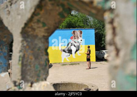 Non esclusiva: ZAPORIZHZHIA, UCRAINA - 29 GIUGNO 2022 - un murale dedicato a Patron il cane Sapper sulla facciata di una casa locale, Zaporizhzhia, sud- Foto Stock