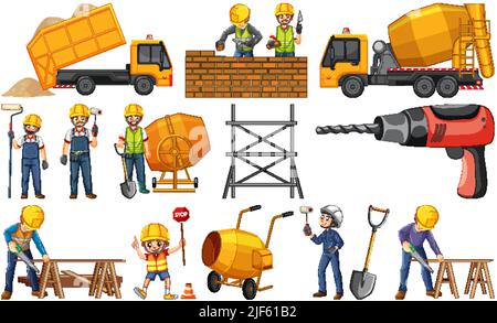 Set di oggetti per cantieri e illustrazione dei lavoratori Illustrazione Vettoriale