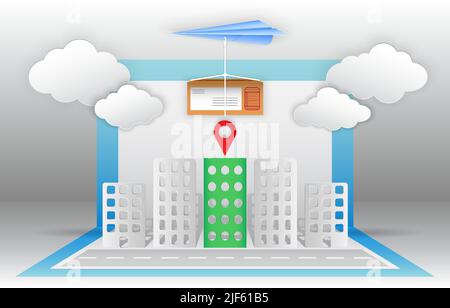 formato vettoriale e carta da illustrazione ritagliato con piano di carta blu che invia la casella pacchi alla destinazione nell'edificio verde con l'icona della posizione sul a. Illustrazione Vettoriale