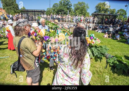 La gente si prepara a decorare il palo di Midsummer in Malmkoping, Svezia Foto Stock