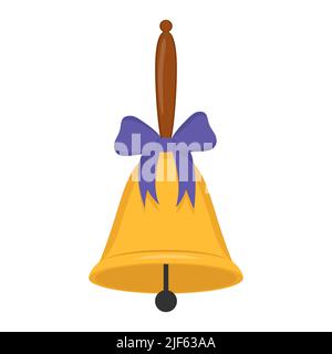 Campana della scuola con arco viola isolato su sfondo bianco. Illustrazione vettoriale piatta Illustrazione Vettoriale