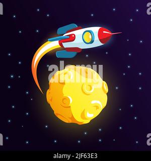 Rocket vola intorno alla luna - stile cartoon Illustrazione Vettoriale