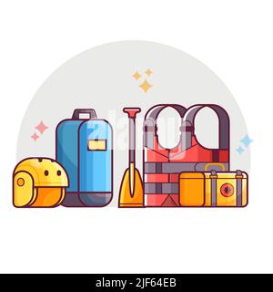 Rafting e escursione sul fiume Strumenti in Line Art Illustrazione Vettoriale