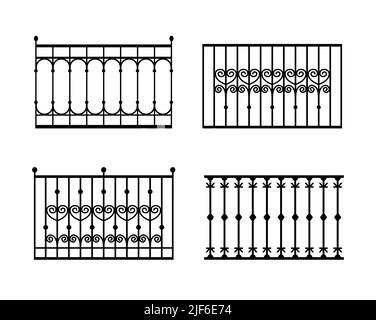 Grande set di ringhiere e recinzioni da balcone in acciaio inox, ferro da stiro. Illustrazione Vettoriale