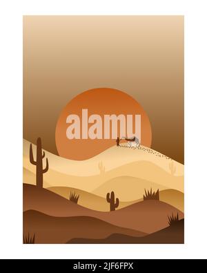 Illustrazione vettoriale di un paesaggio desertico al tramonto. Tramonto nel deserto con montagne e cactus in stile cartoon piatto. Cammello Illustrazione Vettoriale