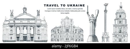 Viaggio in Ucraina disegni a mano punti di riferimento elementi di design. Illustrazione vettoriale dello schizzo del Monumento di Indipendenza, della Patria, della Cattedrale di Sophia, di Lviv e. Illustrazione Vettoriale