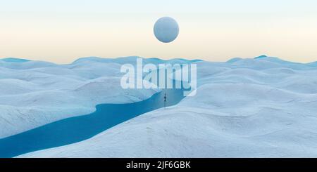 Solitudine. Uomo solitario nel deserto surreale. Rendering 3D. Foto Stock