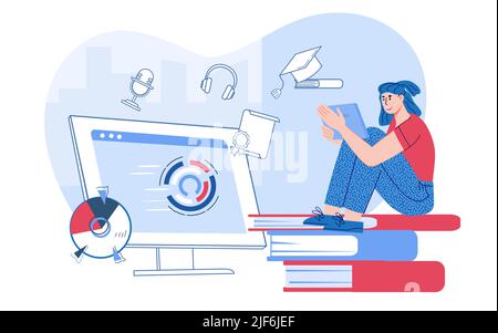 Corsi di apprendimento online e e-Education, concetto di apprendimento a distanza, illustrazione vettoriale piatta isolata su sfondo bianco. Seminario web educativo, in Illustrazione Vettoriale