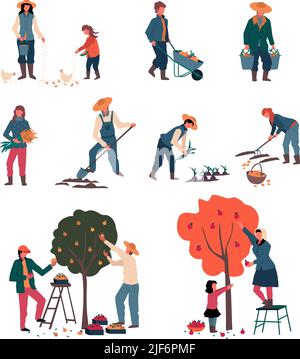 Autunno raccolto, raccolto persone raccolta raccolti frutta verdura lavoro agricolo stagionale. Illustrazione Vettoriale