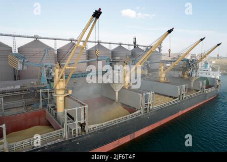 Carico di grano in stive di nave da carico via mare attraverso una linea automatica in porto marittimo da sili di deposito di grano. Bunkering di nave di carico asciutta con grano Foto Stock