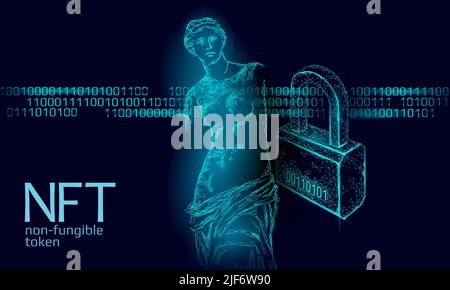 3D NFT non Fungibile criptovaluta unica. Codice di sicurezza crittografia Blockchain art. Proprietà del certificato dell'oggetto foto digitale memorizzato. Tecnologia Illustrazione Vettoriale