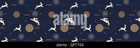 Mid autumn festival banner quadrato con motivi tradizionali, coniglietti carini ed elementi asiatici su sfondo blu scuro. Ripetizione senza giunture. Vettore Illustrazione Vettoriale