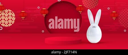 Piattaforma e podio per presentazioni. Sfondo natalizio festivo, lepre in ceramica, lanterne appese, motivi tradizionali. Felice anno nuovo della Illustrazione Vettoriale