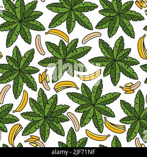 Modello senza cuciture con palme e banane. Sfondo vettoriale tropicale con oggetti isolati su bianco. Illustrazione Vettoriale