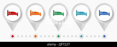 Letto, icone vettoriali di concetto di hotel, modello infografico modificabile, set di puntatori colorati a disegno piatto Illustrazione Vettoriale