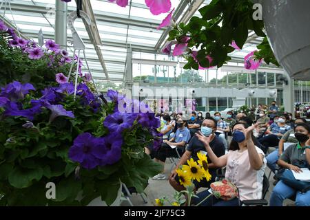 Singapore. 30th giugno 2022. I partecipanti del settore florovivaistico regionale partecipano a un processo sui fiori tenuto dal Singapore's Gardens by the Bay a Singapore il 30 giugno 2022. Gardens by the Bay ha tenuto una prova di fiori per introdurre nuovi ibridi di fiori adatti per piantare nel sud-est asiatico per gli orticoltori regionali il Giovedi. Credit: Allora Chih Wey/Xinhua/Alamy Live News Foto Stock