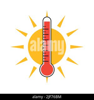 l'icona del termometro termico e il simbolo del sole sono isolati su bianco Illustrazione Vettoriale