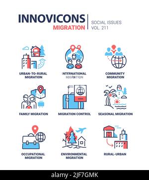 Migrazione e problematiche sociali - icone moderne di stile di progettazione di linee Illustrazione Vettoriale