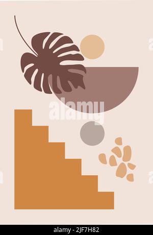 Una serie di poster astratti raffiguranti figure semplici. Sfondo moderno minimalista in stile boho moderno. Decorazioni murali della metà del secolo, stampa vettoriale d'arte. COMPO Illustrazione Vettoriale