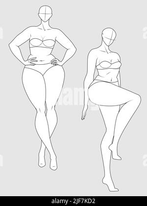 Modelli di figure moda Plus Size 10 Heads. Croquis esagerato per il disegno di modo e l'illustrazione Illustrazione Vettoriale