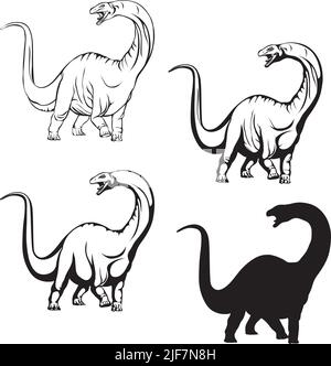 Brachiosaurus, immagine realistica del dinosauro, vettore, posizioni, illustrazione, bianco e nero, silhouette, logo, marchio, chevron per decorazione e des Illustrazione Vettoriale