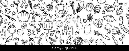 Verdure deliziose frutta da giardino. Ripetizione senza giunture. Piante alimentari commestibili. Contorno disegnato a mano. Disegno monocromatico. Isolato su sfondo bianco. Vettore Illustrazione Vettoriale