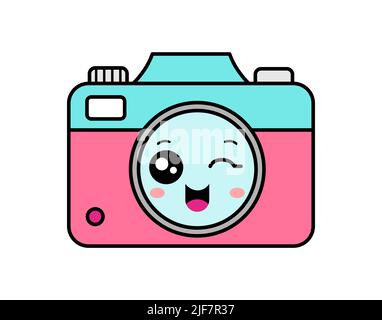 Carina fotocamera kawaii sorridente e vizzolante. Cartoon personaggio attrezzatura fotografica. T-shirt elemento di design. Icona della fotocamera rosa e blu. Vettore Illustrazione Vettoriale