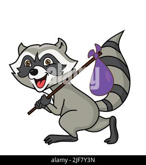 felice raccoon che tiene il pacchetto sul bastone e camminare Illustrazione Vettoriale