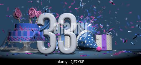 Primo piano solido bianco numero 33, torta di compleanno adornato con lecca lecca caramelle, regali e cappello da festa con bugle che sparano i confetti rosa e viola ag Foto Stock